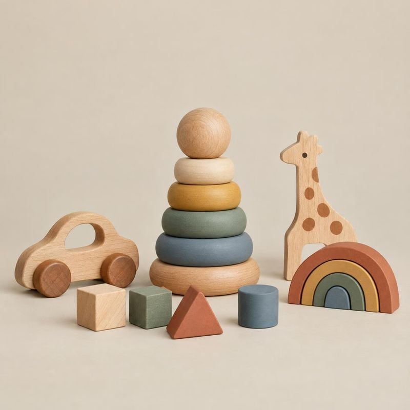 wooden toys toys product photo: A coordinated assortment of wooden stacking toys, blocks, a car, a giraffe and a rainbow is arranged against a warm beige studi…