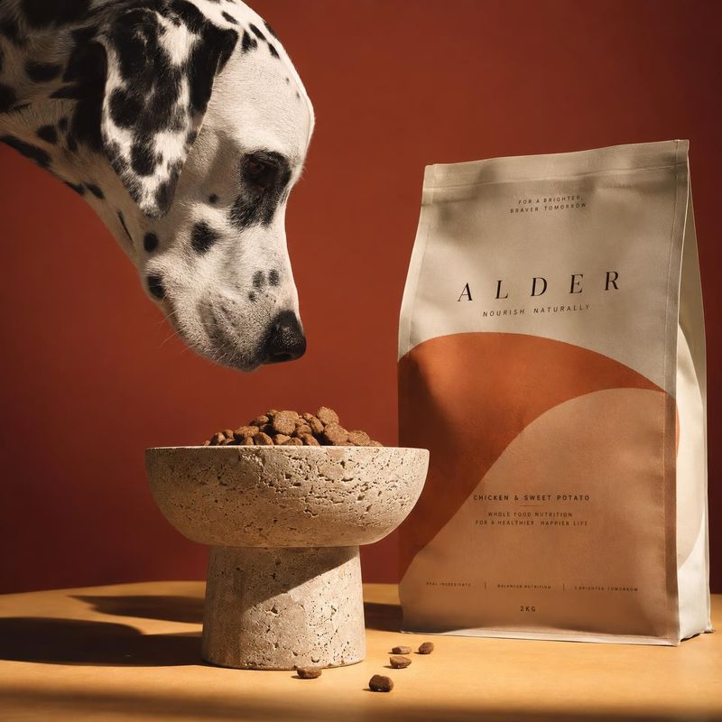 dog food pet product photo: A Dalmatian leans toward a bowl of kibble beside a sculptural dog-food bag, styled against a warm terracotta backdrop with directio…