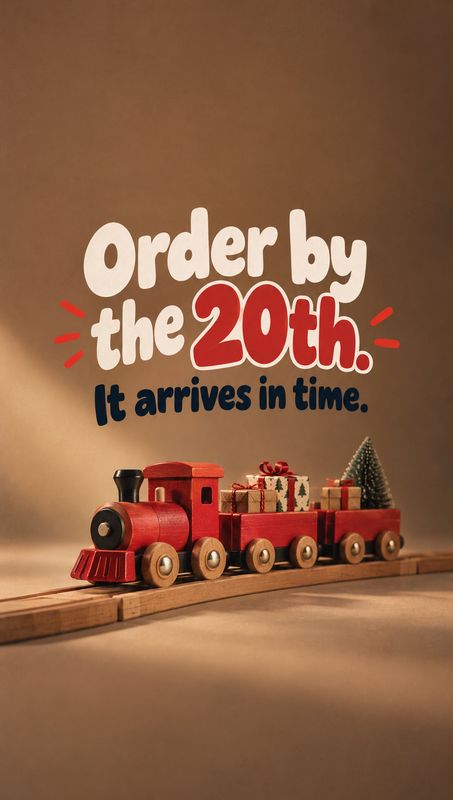 wooden toy train toys product photo: A red wooden toy train carrying wrapped gifts and a small evergreen sits on a wooden track beneath bold festive delivery-d…