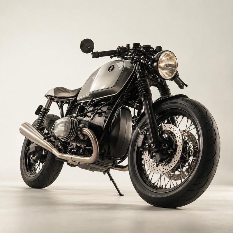motorcycle vehicle exterior product photo: A custom-styled black and silver motorcycle is photographed at a low three-quarter angle against a clean cream studi…