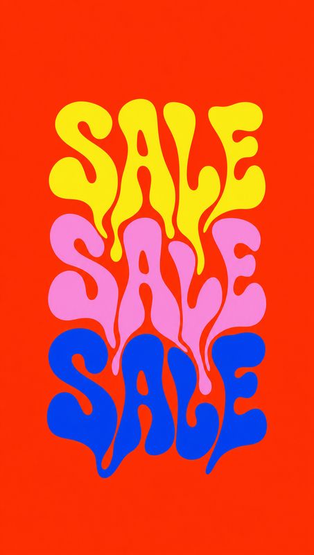 black friday product photo: A bold sale graphic stacks oversized, wavy yellow, pink, and blue lettering against a vivid red background for a playful, high-ener…