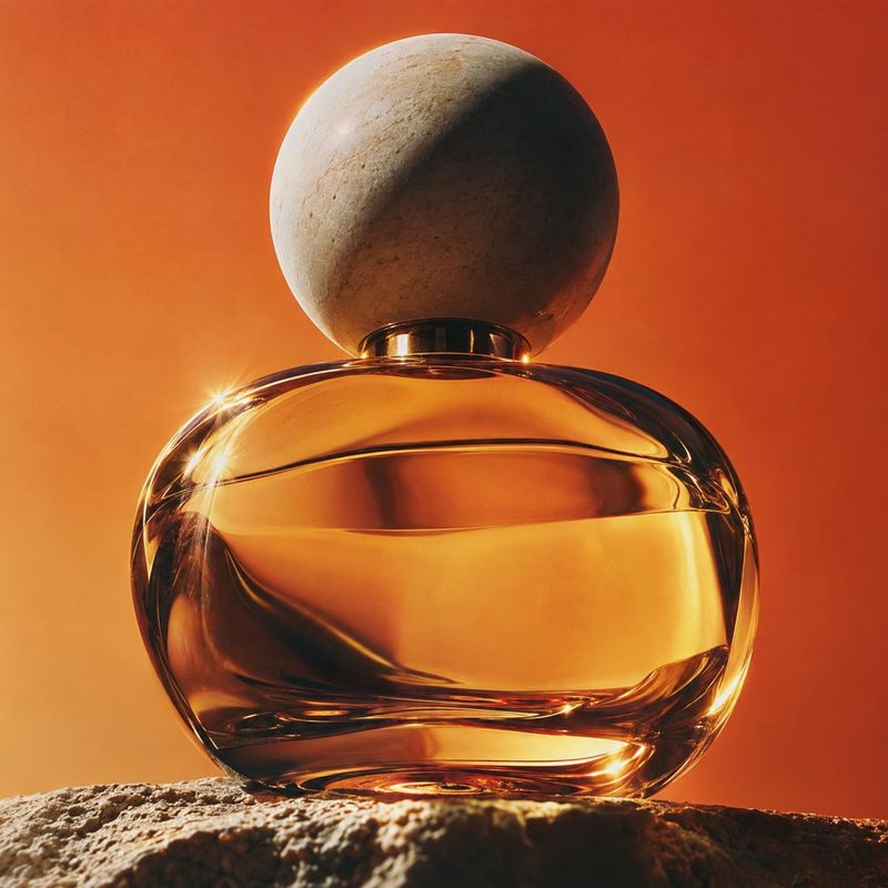 perfume bottle close-up detail product photo: A sculptural glass perfume bottle with a rounded stone-like cap rests on a rough rock against a glowing orange ba…