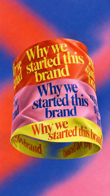 printed fabric loop floating product product photo: A colorful printed fabric loop floats against a vivid blue, pink, and orange gradient, with bold lettering…