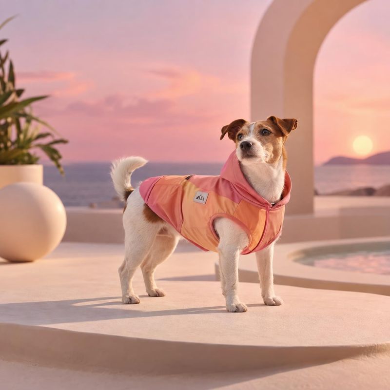 dog jacket pet product photo: A small dog models a coral-pink jacket on a sunlit seaside terrace, with pastel sunset skies and a calm, warm mood.