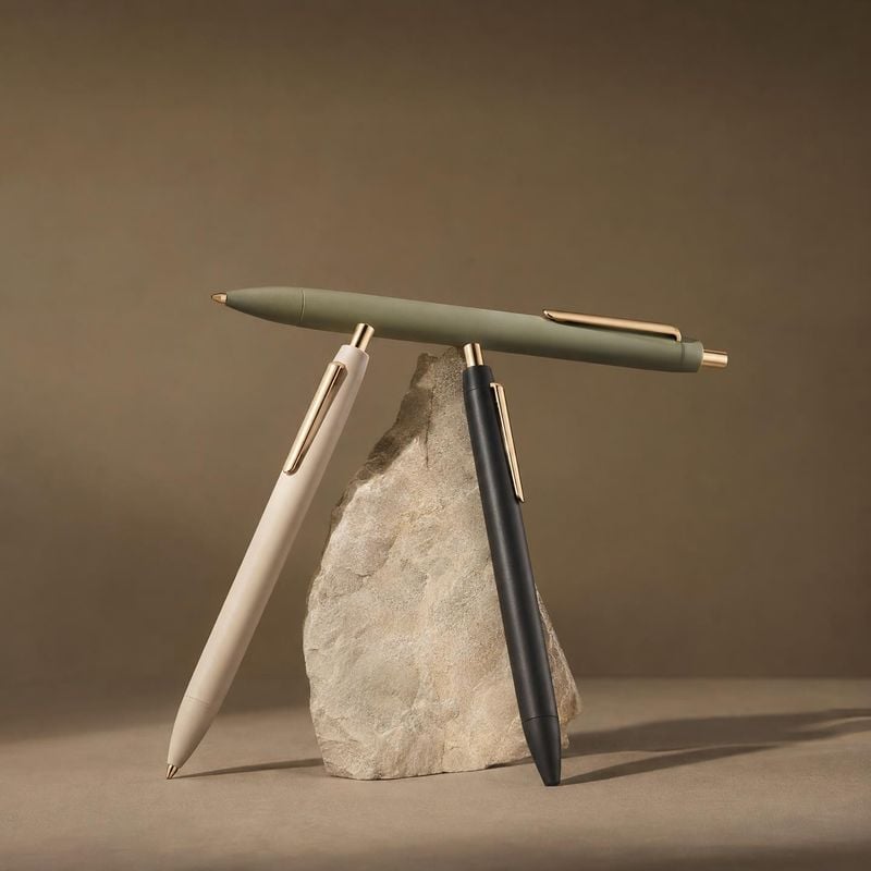 three pens stationery product photo: Three sleek pens in muted green, ivory, and black with gold-tone details are balanced against a natural stone on a warm ta…