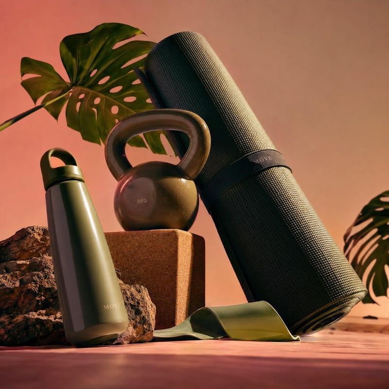 fitness gear set with yoga mat, kettlebell, water bottle and sports product photo: A yoga mat, kettlebell, water bottle and resistance band are arranged among…