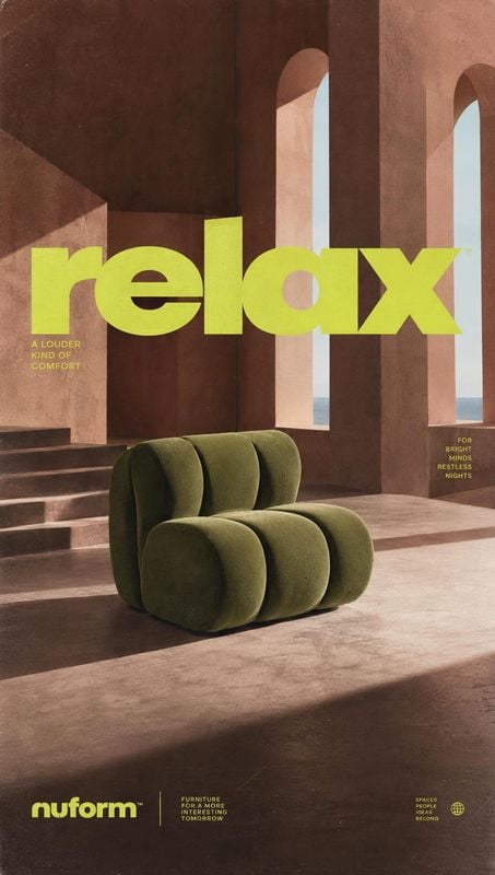 upholstered lounge chair room set product photo: A sculptural olive-green lounge chair sits in a warm, monumental architectural interior, with oversized lime t…
