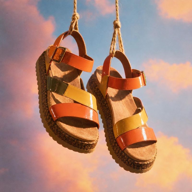 strappy sandals floating product product photo: Color-blocked leather sandals hang from rope against a dreamy pink-and-blue cloud backdrop, with warm direction…
