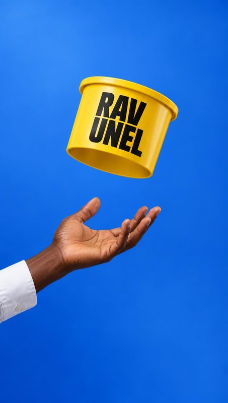 yellow tub floating product product photo: A yellow tub with bold black lettering floats above an outstretched hand against a vivid blue studio backdrop, creat…