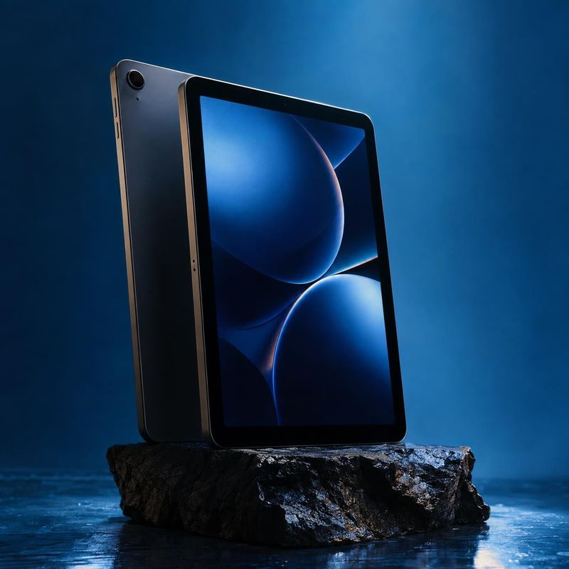 tablet electronics product photo: Two dark tablets stand on a rugged stone pedestal over a reflective surface, dramatically lit in cool blue tones against a so…