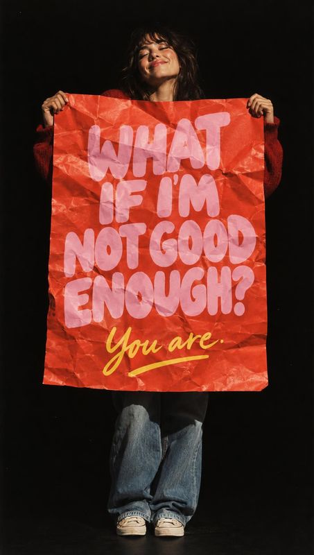 motivational poster home product photo: A smiling woman in a red sweater and jeans holds a crumpled red poster with a bold self-affirming message, lit dramatic…