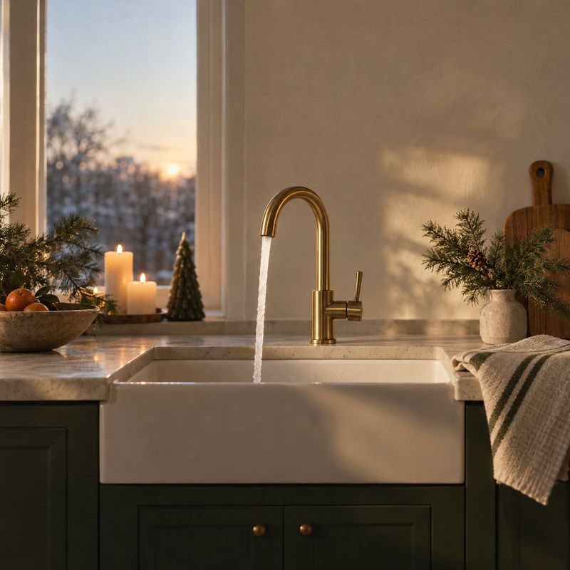brass kitchen faucet christmas product photo: A brass faucet runs over a white farmhouse sink in a warmly lit kitchen, with evergreen sprigs, candles and a sma…