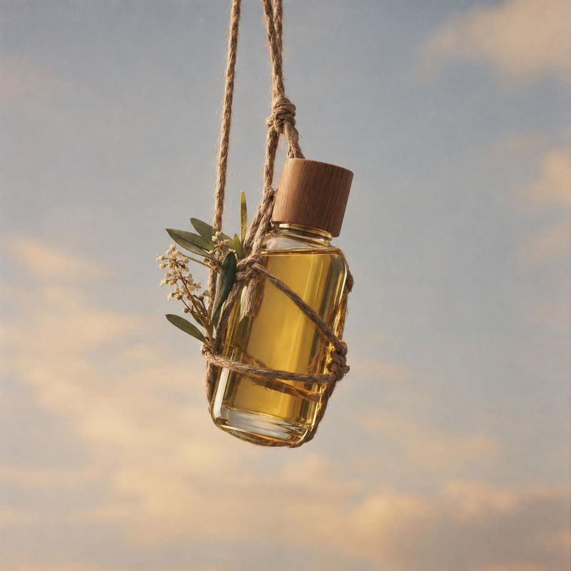 oil bottle ingredients product photo: A golden oil bottle wrapped with twine and sprigs of greenery hangs against a softly clouded sky, lit by warm natural lig…