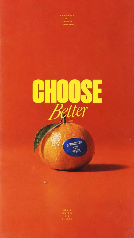 orange ingredients product photo: A single orange with a leafy stem sits against a vivid orange-red backdrop beneath bold yellow slogan typography, creating a…