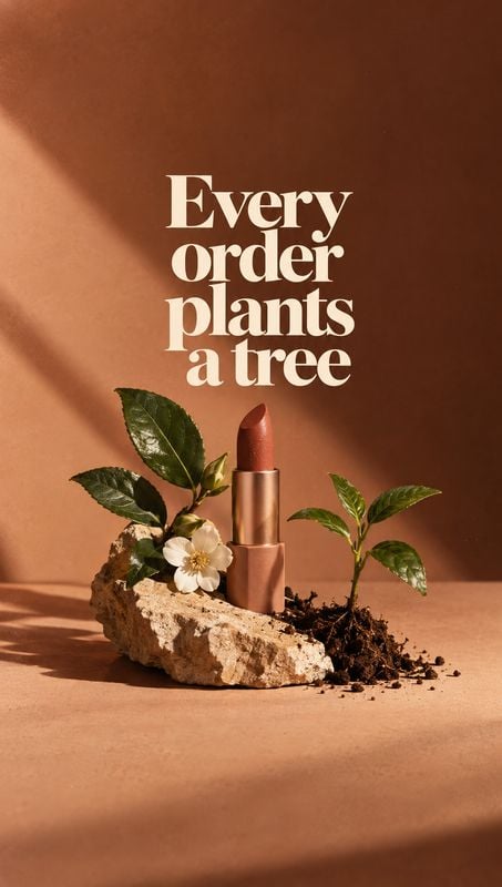 lipstick ingredients product photo: A warm-toned lipstick stands among soil, stone, and fresh green leaves beneath bold cream typography, with directional sunl…