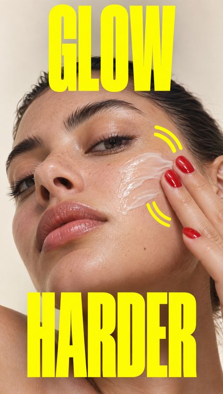 facial cream on-body detail product photo: A close-up beauty portrait shows a woman smoothing cream onto her cheek, framed by bold neon-yellow “GLOW HARDER” ty…