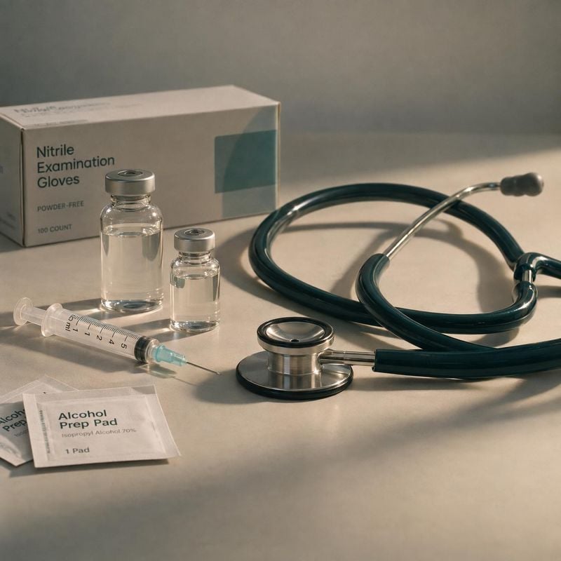 medical supplies and stethoscope flat lay product photo: A stethoscope, vials, syringe, gloves and alcohol prep pads are arranged on a tabletop in soft, direct…
