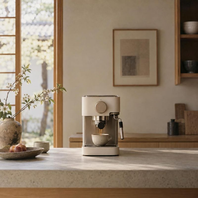 espresso machine equipment in use product photo: A cream espresso machine brews coffee on a stone kitchen island, framed by warm wood, soft window light, and u…