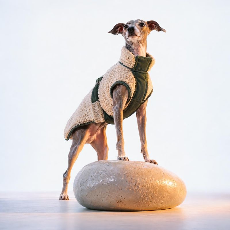dog coat pet product photo: A slender dog poses atop a rounded stone prop wearing a cream sherpa and olive coat against a bright white studio backdrop, with wa…