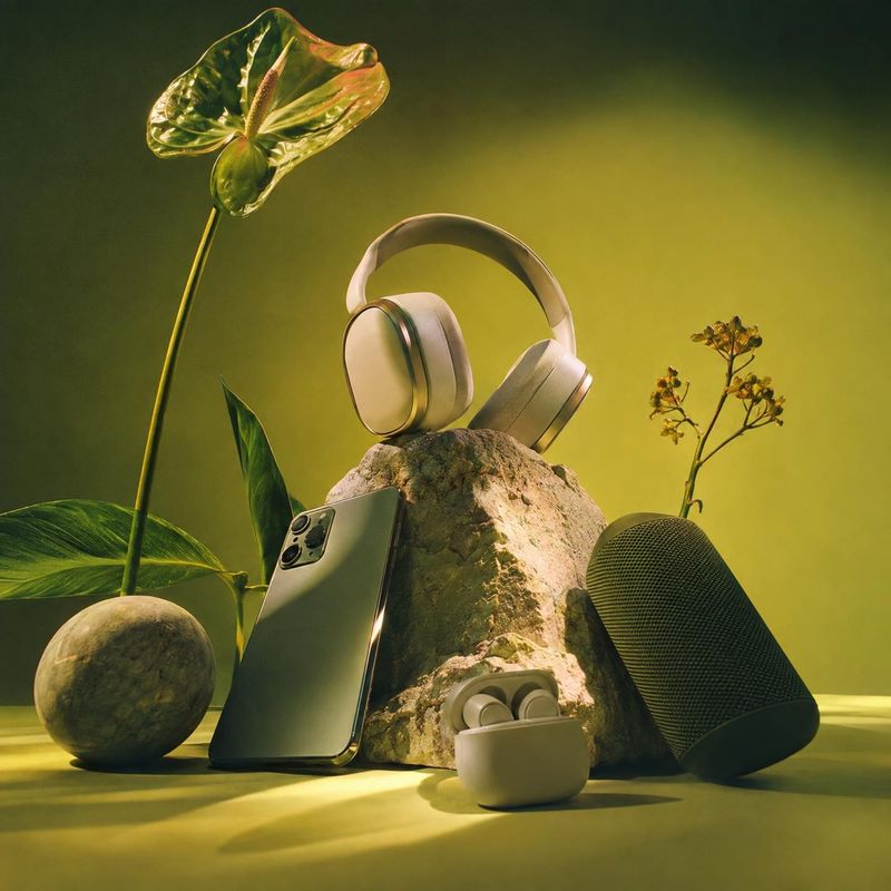 consumer electronics electronics product photo: A curated group of headphones, earbuds, a phone and a portable speaker is arranged among rocks and foliage agai…