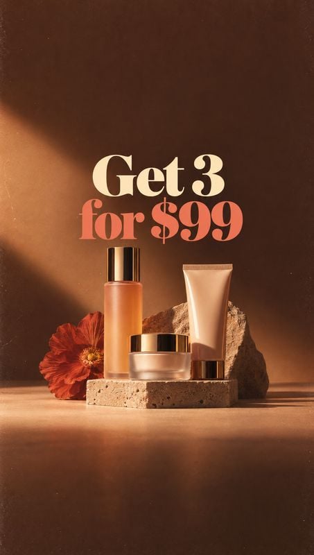 beauty skincare set ingredients product photo: Three unbranded skincare products are arranged on stone beside a red flower against a warm brown studio backdrop…