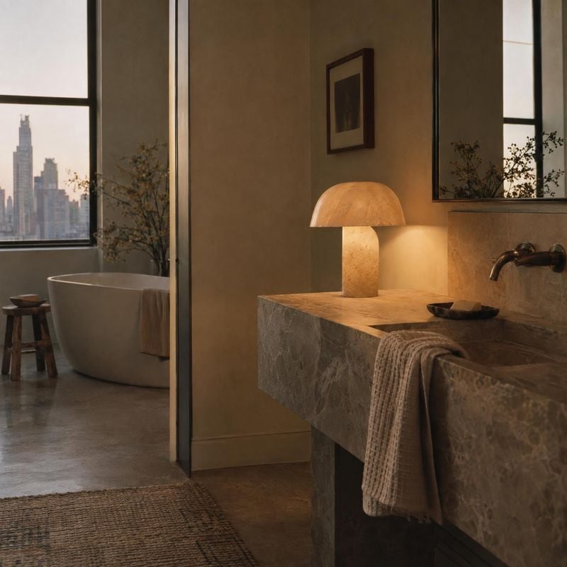 table lamp interior space product photo: A softly glowing stone table lamp sits on a marble vanity in a warm, understated bathroom, with a freestanding tub and…