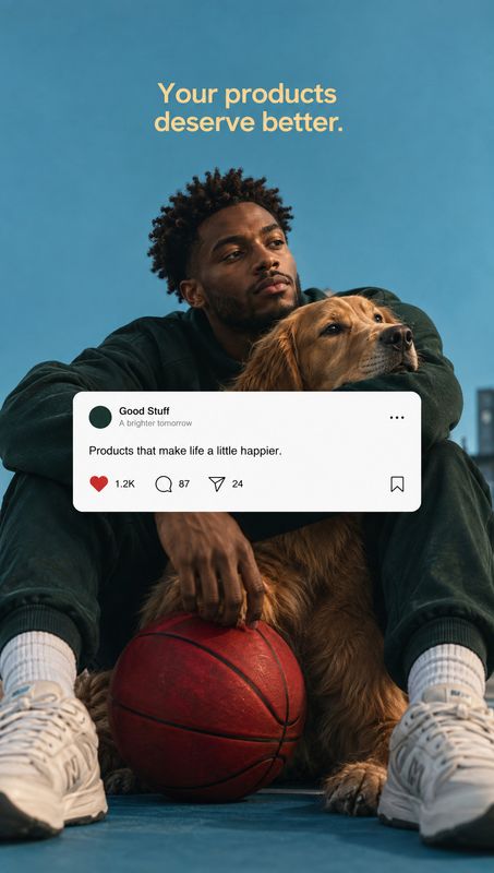 sneakers lifestyle scene product photo: An adult man in dark streetwear sits with a golden dog and basketball against a blue urban backdrop, with bold yellow h…