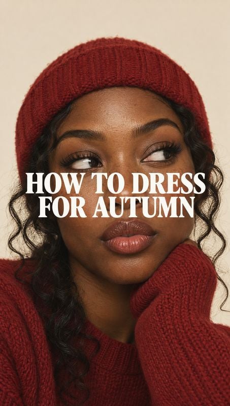 red knitwear autumn product photo: A close fashion portrait of a woman in a red knitted beanie and sweater against a warm neutral backdrop, with bold white aut…