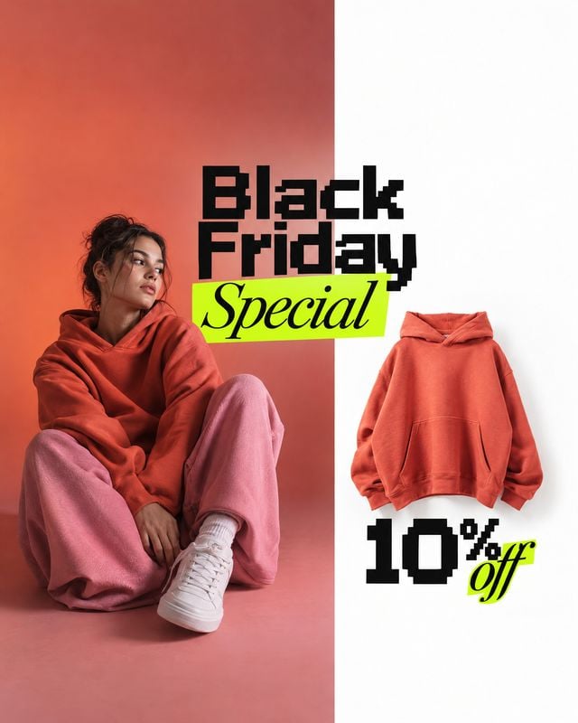 hoodie ghost mannequin product photo: A woman in a rust-red hoodie and pink trousers sits against a warm coral studio backdrop beside a matching hoodie, with b…