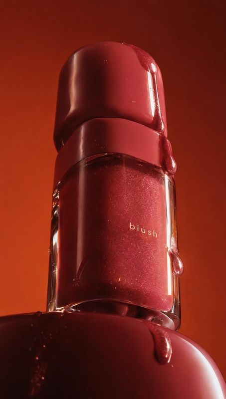 cosmetic bottle labeled “blush” close-up detail product photo: A glossy red cosmetic bottle with droplets is tightly framed against a matching warm red backdro…
