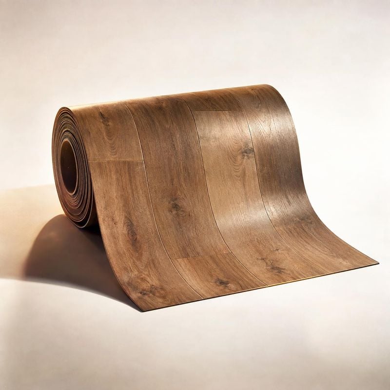 wood-look flooring roll texture / swatch product photo: A rolled sheet of warm brown wood-look flooring is displayed against a softly lit cream studio backdrop…