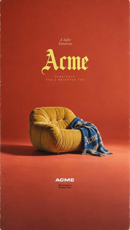 upholstered armchair home product photo: A plush mustard armchair draped with a blue branded blanket sits against a terracotta studio backdrop, framed by pale…
