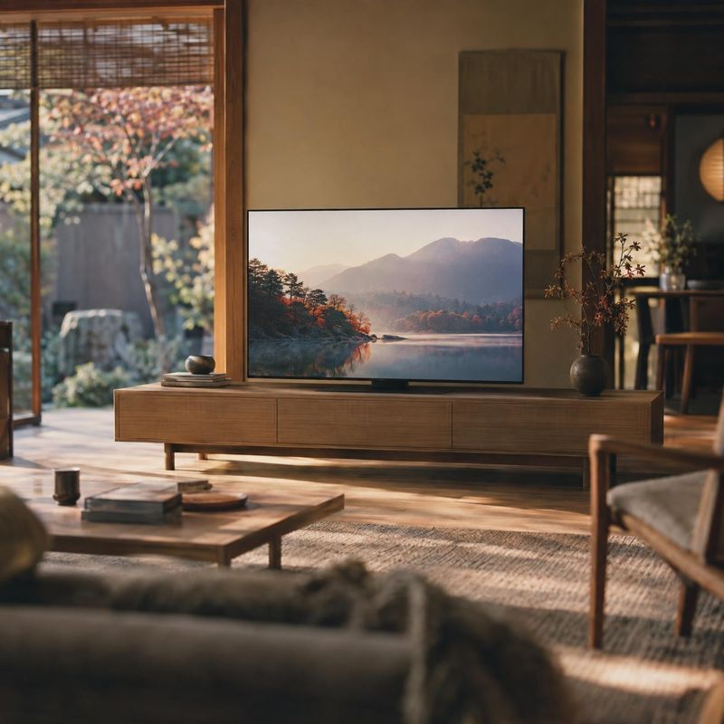 television equipment in use product photo: A slim television displaying a tranquil mountain lake sits on a low wooden console in a warmly lit, Japanese-inspire…