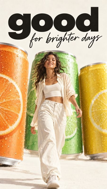 canned citrus drinks food and drink product photo: A woman in relaxed white clothing walks between oversized citrus drink cans beneath bold black lettering, in…