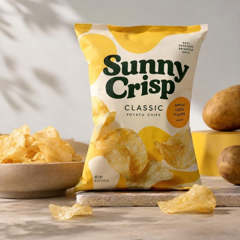 potato chips ingredients product photo: A yellow-and-cream bag of potato chips stands among loose chips, a bowl, and potatoes on a sunlit tabletop, styled in a…