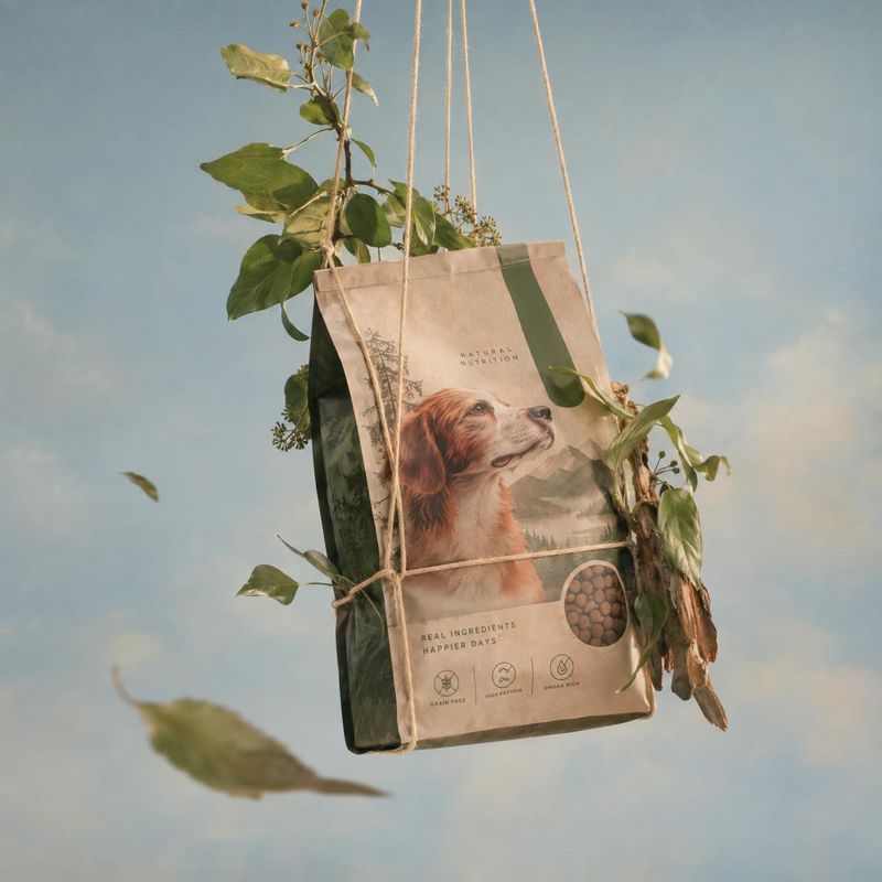 bag of pet food pet product photo: A pet food bag printed with a dog portrait hangs among leafy branches against a soft blue sky, in warm natural light with a…
