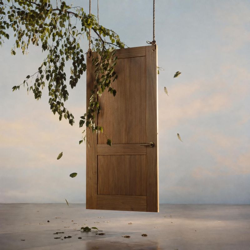 wooden door floating product product photo: A wooden door hangs suspended against a softly painted sky-like studio backdrop, with leafy branches and fallen lea…