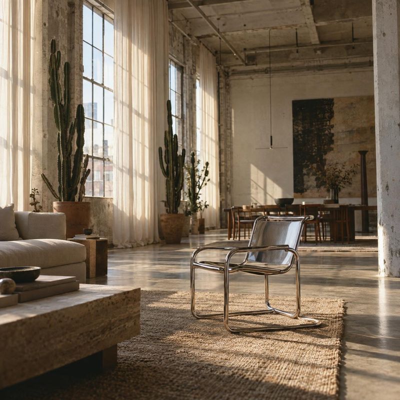 modern lounge chair interior space product photo: A chrome-framed lounge chair sits on a woven rug in a spacious loft, surrounded by warm neutral furnishings a…