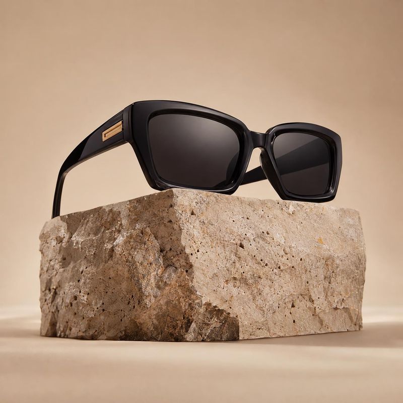 sunglasses close-up detail product photo: Black oversized sunglasses rest on a rough stone block against a warm beige studio backdrop, lit softly for a refined…