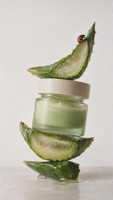 green skincare cream ingredients product photo: A glass jar of pale green cream is artfully balanced among fresh aloe slices, with a tiny ladybug adding a play…
