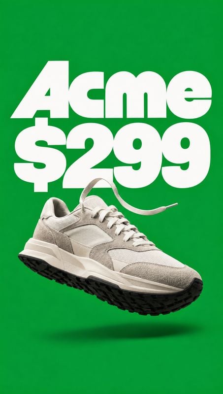 sneaker floating product product photo: A light-colored sneaker floats against a vivid green background beneath oversized white price typography, creating a bo…