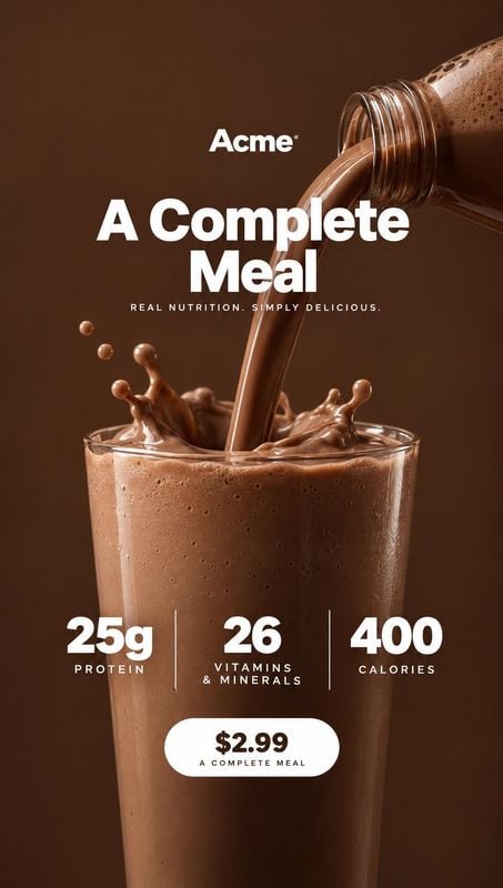 chocolate meal shake splash / pour product photo: A chocolate shake pours into a glass with suspended splashes against a warm brown studio background, framed b…