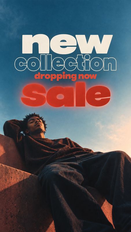 clothing collection black friday product photo: A model reclines on a concrete ledge beneath bold sale and new-collection typography, with a dramatic blue sky…