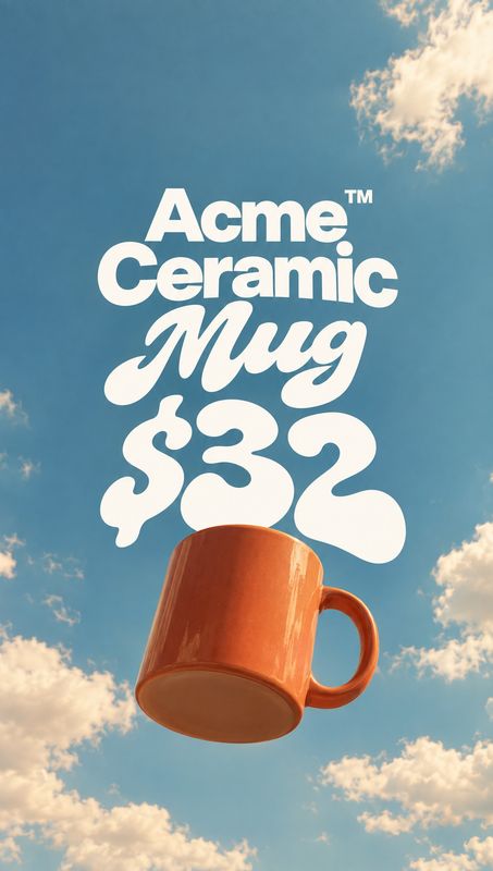 ceramic mug floating product product photo: A glossy orange ceramic mug floats against a bright blue, cloud-dotted sky beneath oversized white lettering and a…
