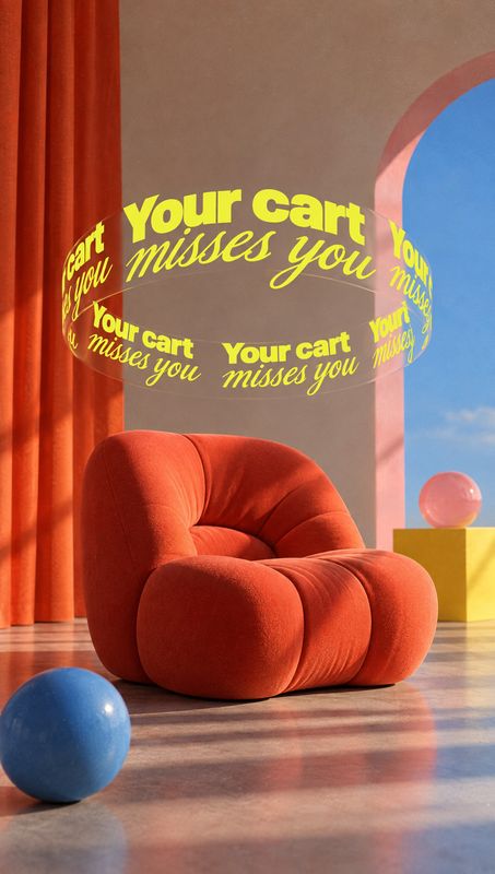 upholstered armchair room set product photo: A sculptural rust-orange armchair sits in a vivid studio set with red curtains, an arched blue window, colorful pr…