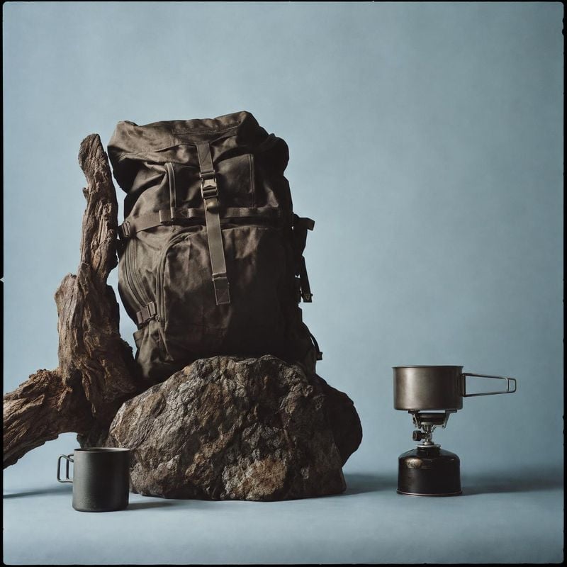 hiking backpack and camping cookware sports product photo: A dark hiking backpack, camping cup, and compact stove are artfully arranged among rugged rocks and…