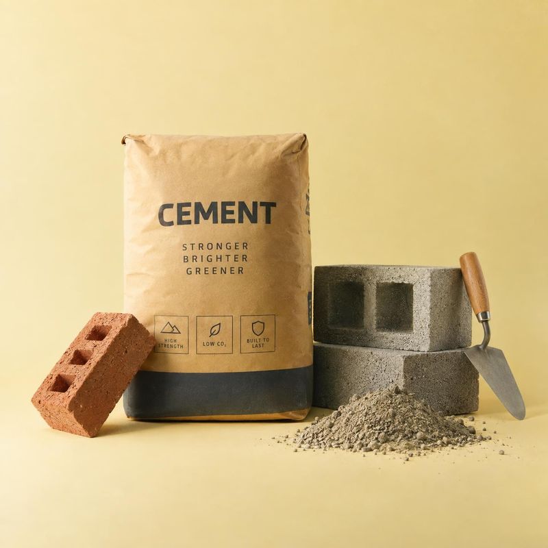cement ingredients product photo: A kraft cement bag sits among concrete blocks, a brick, loose cement powder and a trowel against a warm yellow studio backdro…