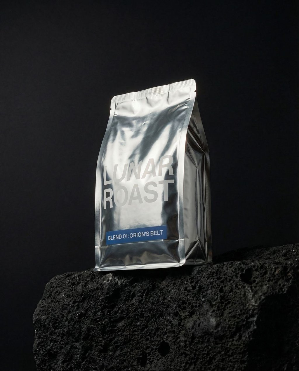 AI-generated product shot of a dark glass perfume bottle on a matte black surface with dramatic side lighting and sharp focus