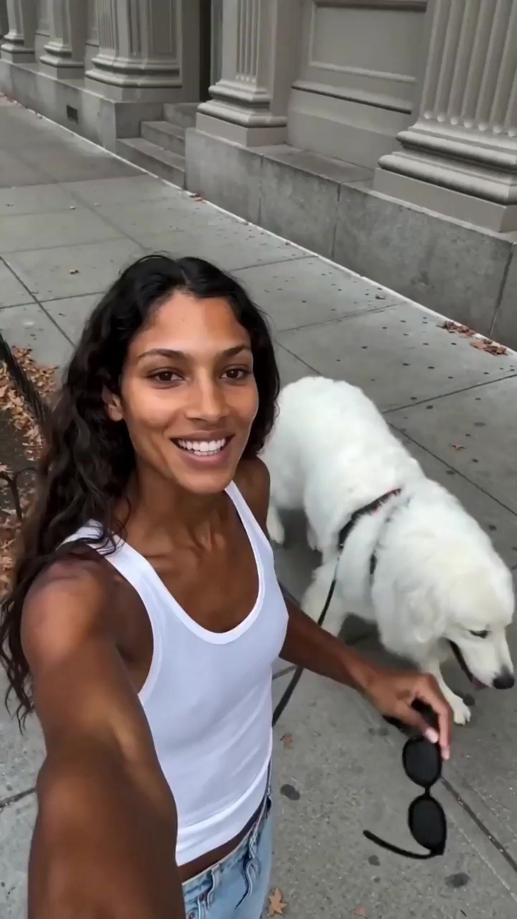 Generated character on a city sidewalk with a white dog, holding black sunglasses toward a selfie camera