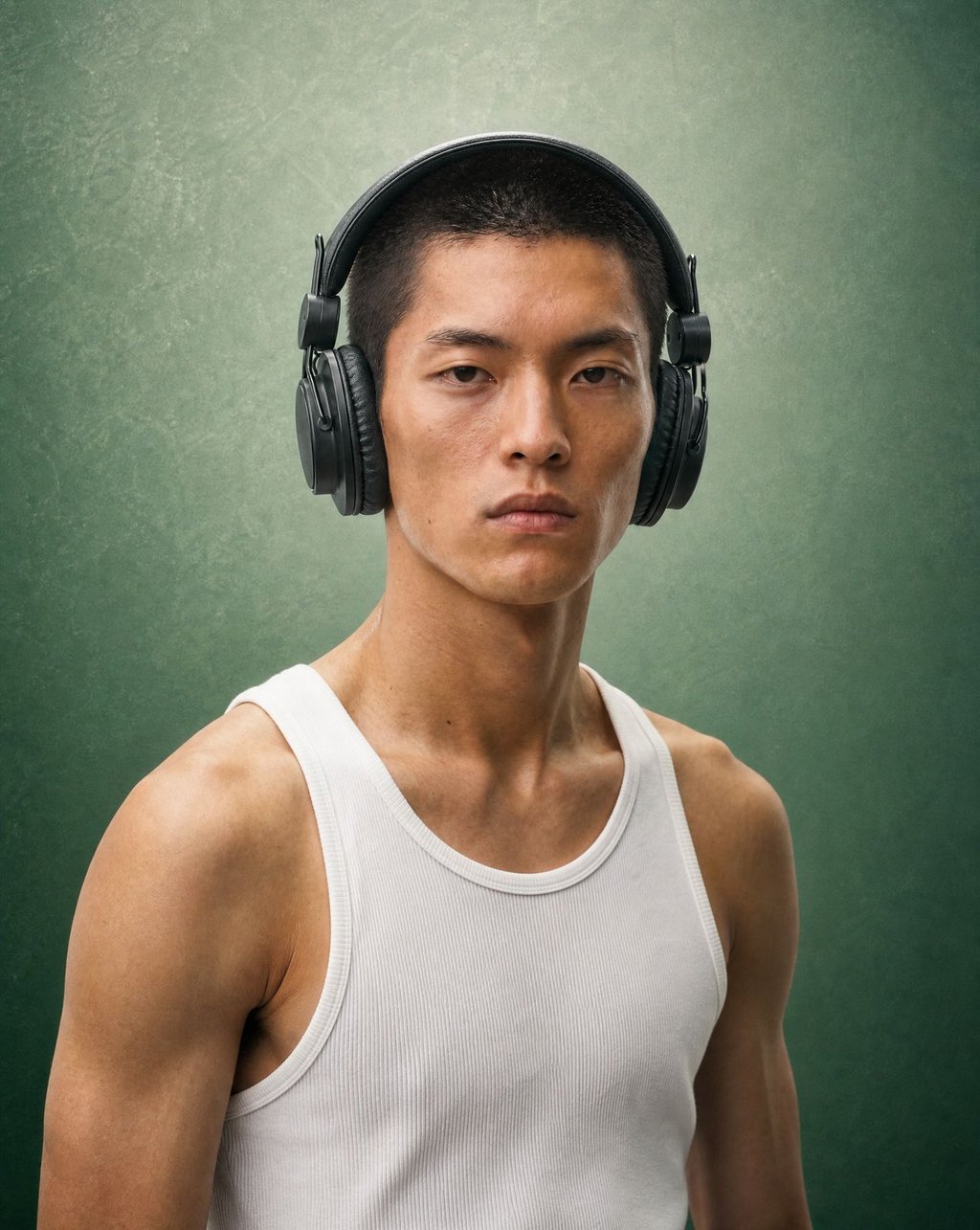Man wearing black headphones against a sage green background showing accurate studio lighting and color rendering
